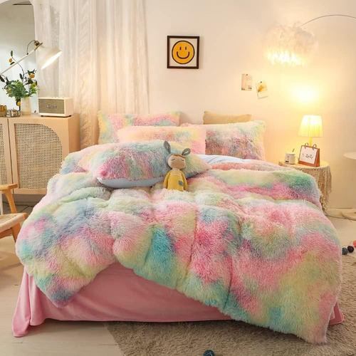 Kxry Juego De Cama De Felpa Con Diseño De Arco Iris, Tamaño 