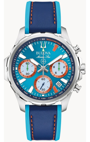Reloj Bulova Marine Star Team Miami E1 96b460 para hombre, correa azul cielo, bisel plateado, fondo azul cielo