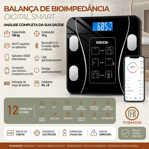 Balança Bioimpedancia Digital 180kg Smart Imc Profissional Rishon Com Aplicativo