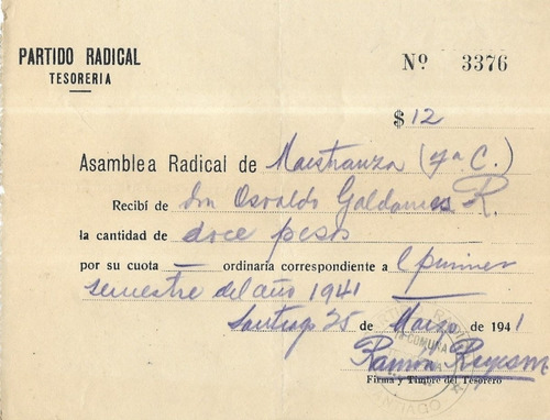Boleta Tesorería Partido Radical De 1941 / Chile