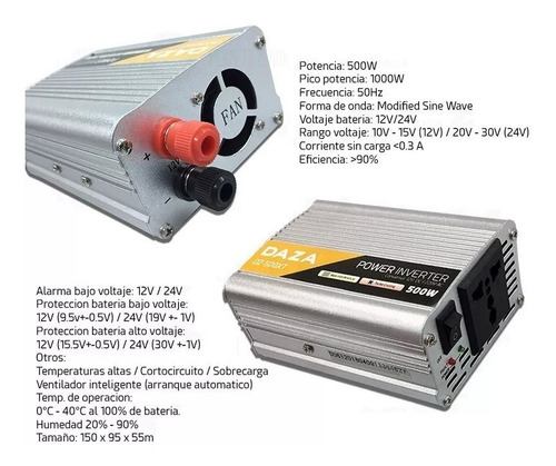 Imagen 4 de 5 de Inversor Conversor Inverter Daza 12v A 220v 500w Para Auto