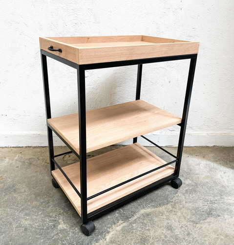 Imagen 2 de 3 de Mesa Bar Barra Para Bebidas En Hierro Y Madera Con Ruedas