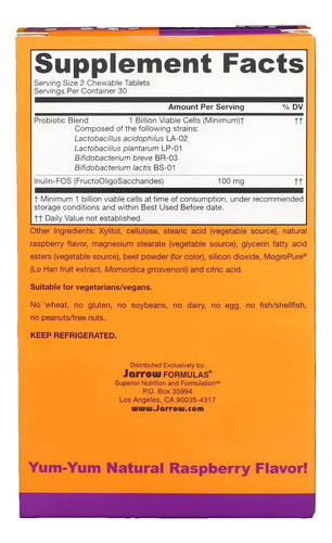 Jarrow Formulas, Yum-yum Dophilus Sin Azúcar, Proporciona 4 Cepas Clínicamente Documentadas , Para La Salud Intestinal E Inmunitaria, 1 Billón Por Porción, 60 Tabletas Masticables