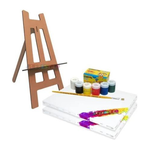 Kit De Pintura Infantil Em Tela Com Mini Cavalete De Mesa