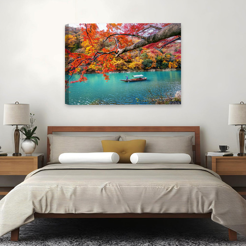 Quadro Impresso Em Tecido Paisagem Outonal Com Lago Azul, Barco Tradicional E Árvores Printoriah