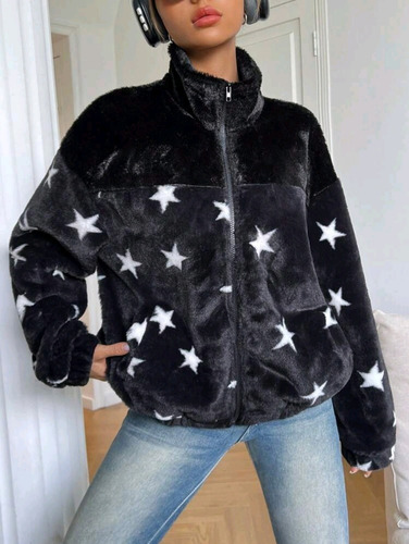 Abrigo Peluche Estampado Estrellas Invierno Abrigado Suave L