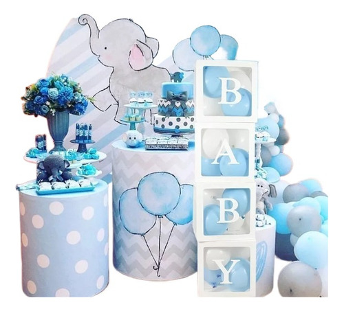 Arco De Globos Baby Shower Azul Gris+4cubos Mobiliario