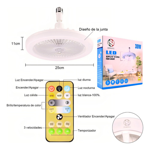 Ventilador de techo Dosyu DY-FL02-CV con 5 palas de Plástico color blanco estructura color blanco, 25cm de diámetro 50 Hz/60 Hz