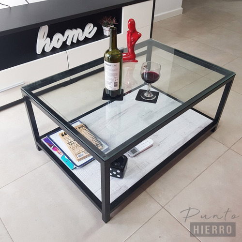 Mesa Ratona Industrial Living Vidrio Hierro Y Madera 90x60