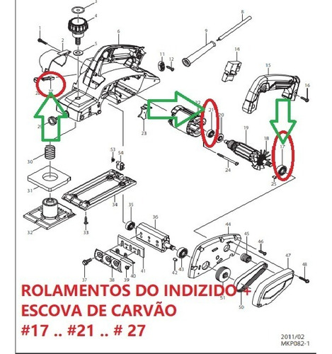 Rolamentos Do Induzido + Carvão Plaina Makita Mkp082