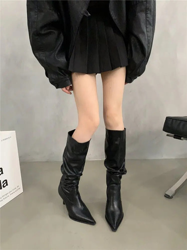 Botas Largas De Cuero Con Tacón Alto Y Punta Puntiaguda Para