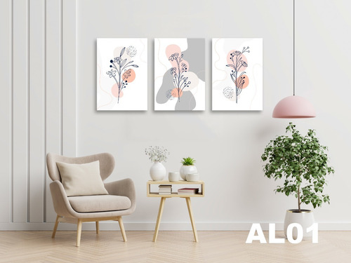 Set De 3 Cuadros Canva Arte Lineal Flores Abstracto Moderno