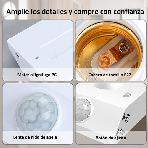 Time4buy 6pcs Socket E27 con Sensor de Movimiento PIR,Portalámpara con Sensor de Cuerpo Humano de E27 Para 2-6M/120°,Retraso de 16/32/262 s,85-265V,Para Lámparas incandescentes/de Bajo Consumo/LED