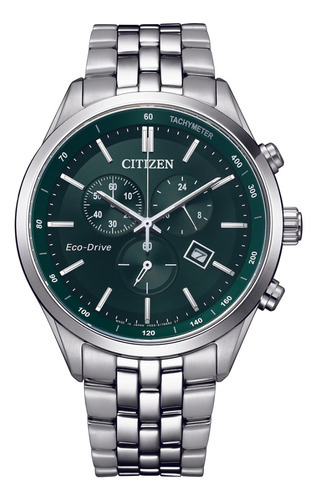 Reloj Citizen At214985x Para Hombre Cronógrafo Fechador Color de la malla Plateado Color del bisel Plateado Color del fondo Verde