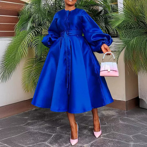 Elegante Vestido Midi De Manga Linterna De Color Puro