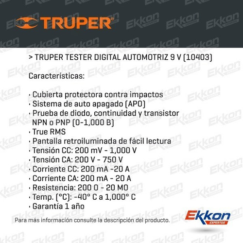Imagen 2 de 10 de Tester Digital Truper Autos 9 V Diodo Transistor Continuidad