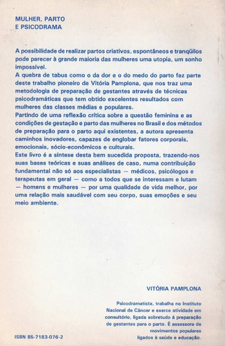 Mulher, parto e psicodrama, de Pamplona, Vitória. Editorial Editora Ágora, capa mole em português, 1991