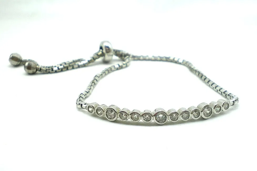 Pulsera De Plata 925 Y Zafiros Blancos Ajustable