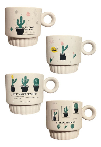 Juego De 4 Tazas (250ml) De Ceramica Con Rack Cactus 