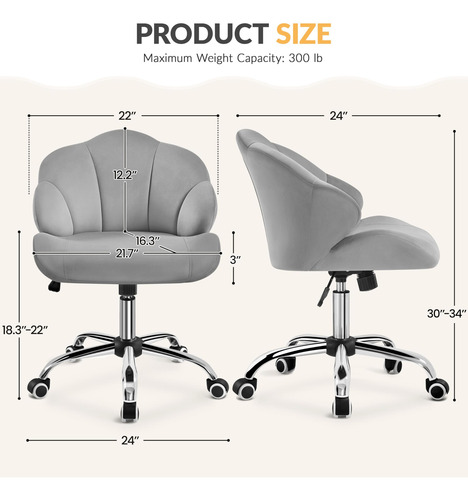 Silla De Tocador Terciopelo Con Ruedas Gris Claro Ajustable