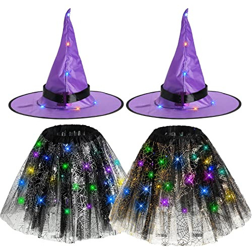 Conjunto De Disfraces De Bruja Para Mujeres, Incluye Tutú Con Luces Led, Falda De Araña Y Sombrero Puntiagudo Con Luces Led Para Fiesta De Halloween