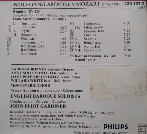 Mozart Requiem Kv 626 John Eliot Gardiner 1987 Philips Cd Estándar (Usado)