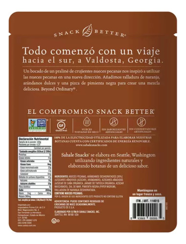 Mix De Nuez Sin Gluten Pecana Con Arándano Kosher Sahale