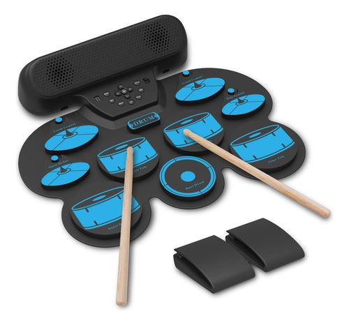 Bateria Electronica Para Niños De Silicona Con Pedal Baqueta Negro Con Azul