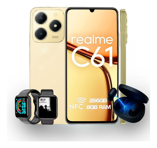 Realme C61 Nfc 256 Gb 8 Gb Ram+ Fone Bluetooth + Relogio Dourado
