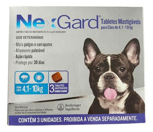 Antipulgas e Carrapatos NexGard 28,3 mg para Cães de 4,1 a 10 Kg  3 tabletes