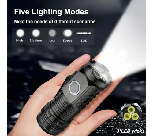 Mini Linterna Táctica Clip Molle 3 Led - Recargable Usb Blanco Negro