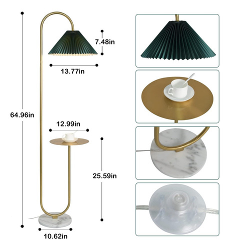 Lampara Piso Pie Con Mesa Led Elegante Lujo Moderna Clásica Verde Dorado
