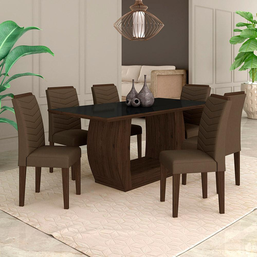 Mesa Com 6 Cadeiras Líbano 1,60 Imbuia/preto/marrom - Ma Cor Imbuia/preto/marrom 04 Desenho do tecido das cadeiras Suede