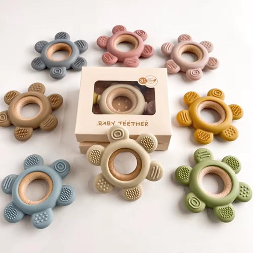 Mordillo De Silicona Y Madera Para Bebés, Libre De Bpa Rosa