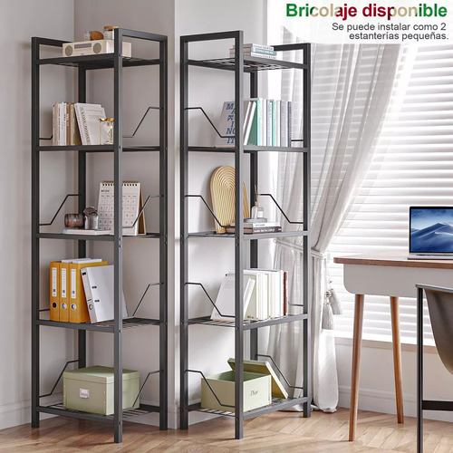 Librero Minimalista De Metal Con 5 Niveles Organizador 160cm Madera Oscura Y Negro