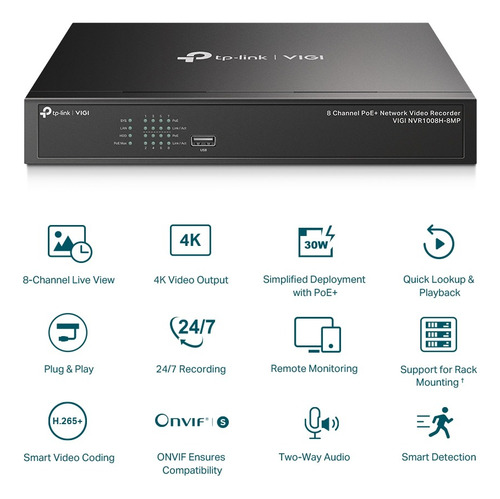 Imagen 2 de 9 de Nvr Tplink 8 Canales Poe+ Ip Onvif Nvr1008h-8mp 4k H.265+