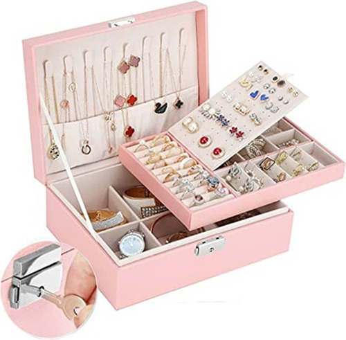 Estuche Joyería Caja Organizador Arete Collar Pulsera Rosa .