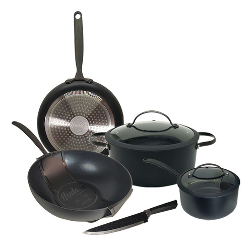 Set Wok Cacerola Sartén Hudson Total Black  Inducción 6 Pzs