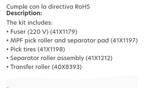 Kit Mantenimiento Lexmark 41x1226 Ms Mx 621 622 631 632 531