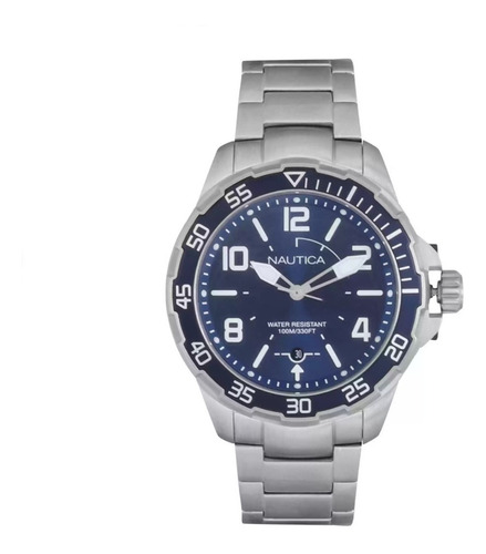 Reloj Nautica Hombre Napplh004 Pilot House Acero Wr 100m Malla Plateado Bisel Plateado Fondo Azul