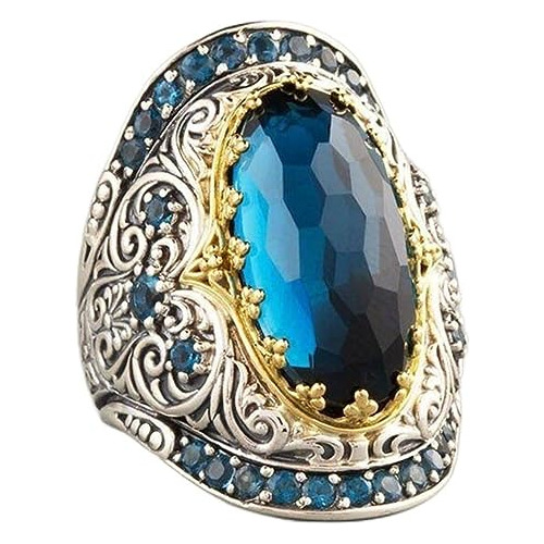 Anillo De Lujo Estilo Vintage De Dos Tonos Gema Azul, A...