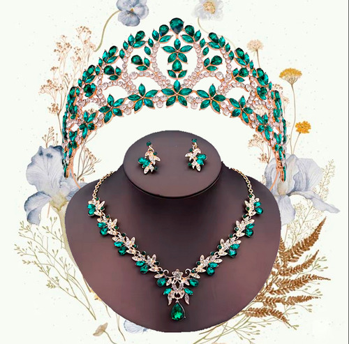 Set De Corona Tiara Cristal Gargantilla Aretes Boda Xv Años Verde