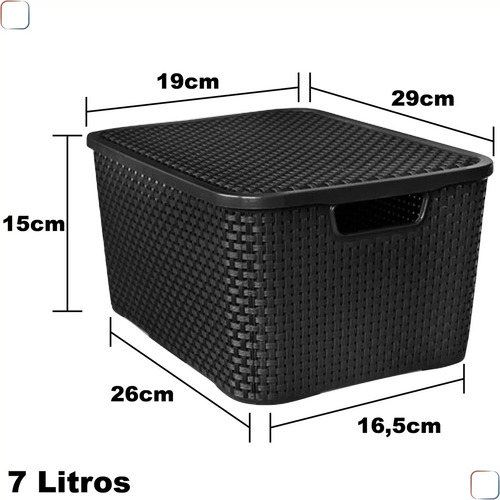 Caixa Organizadora Rattan Preta 7 Litros C/ Tampa