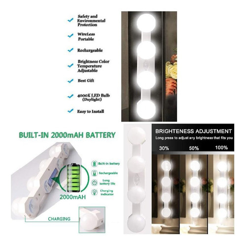 Lámpara De Maquillaje Con Ventosa Y Espejo 4led, Brillante