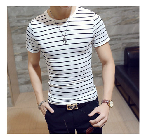 Camiseta A Rayas Para Hombre, Camisetas Ajustadas De Algodón