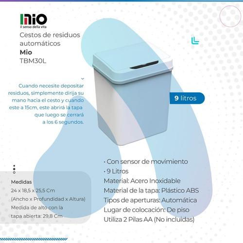 Imagen 2 de 10 de Cesto De Residuos Mio Rectangular Automático 9lts Full