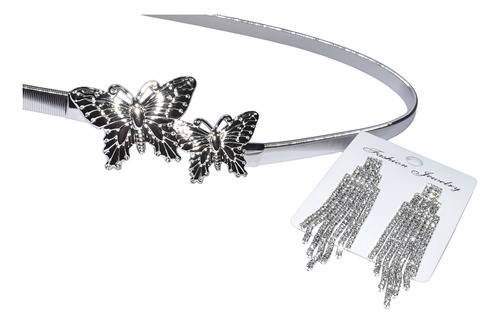 Pack Cinto Tresher Elastizado Mariposas + Aros Lluvia Fiesta Plateado Lisa Único