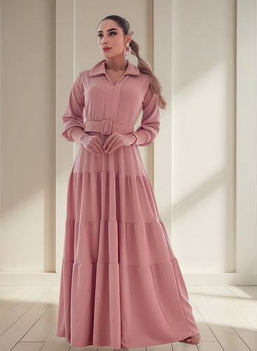 Vestido Longo Manga Longa Com Cinto Evangelico
