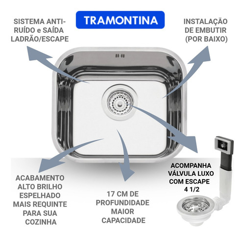 Cuba Inox 40x34x17 Tramontina Pia Alto Brilho Lavínia Escape Cor Inox Alto Brilho