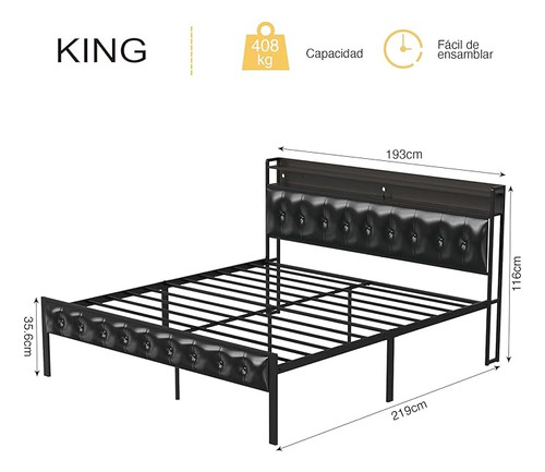 Base Cama King Fabato FAKIN031-BRN Puertos Usb Luces Led Color Negro
